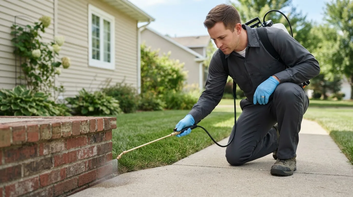 Pest control technician treating a home near Waterbury, NE
