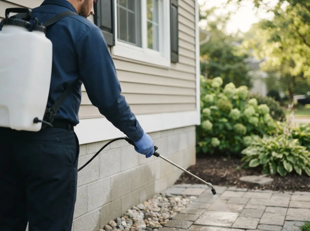 Pest control technician inspecting a home in Waterbury, NE